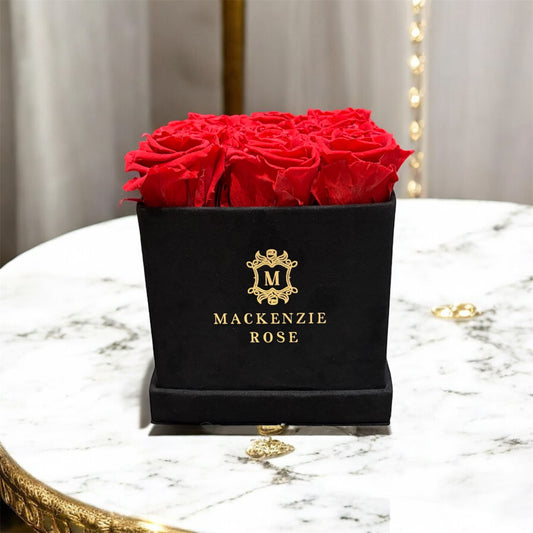 12 Long Lasting Preserved Roses in Medium Square Black Velvet Box