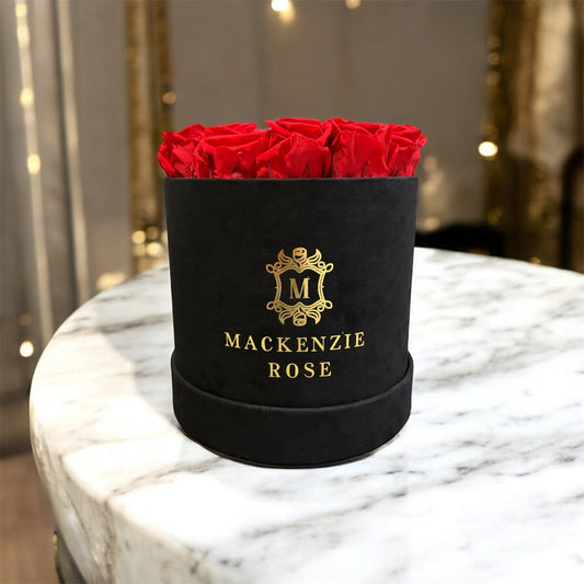 20 Preserved Roses in Large Black Round Velvet Box