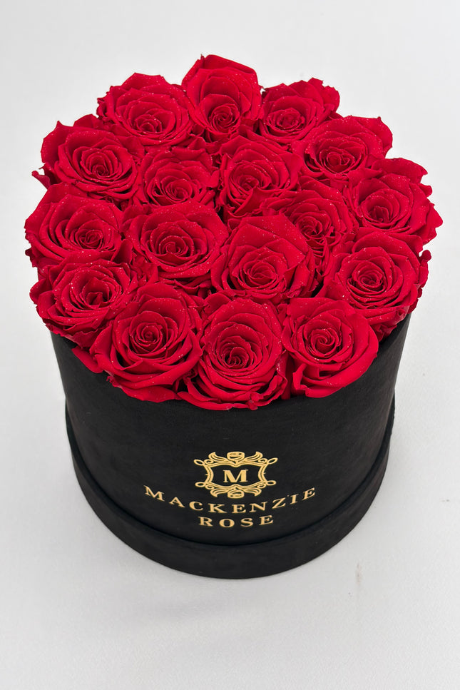 17 Preserved Roses in Large Black Round Velvet Box