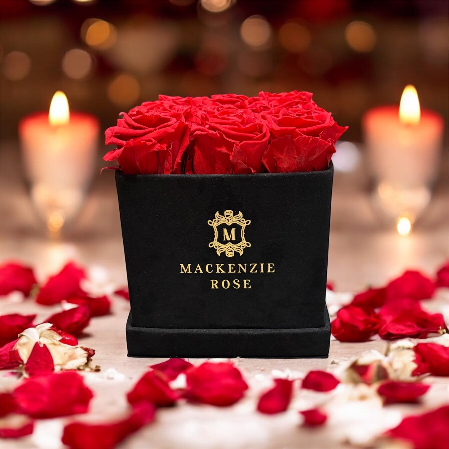 12 Long Lasting Preserved Roses in Medium Square Black Velvet Box