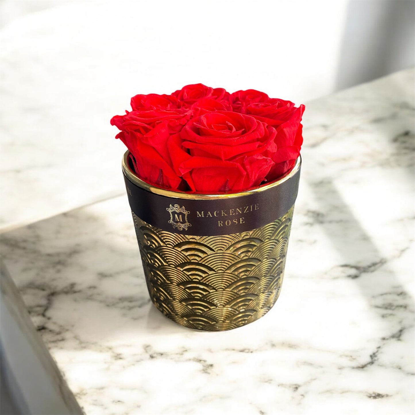 7 Preserved Rose In Gold Ceramic Arrangement- Luxury Floral Decor