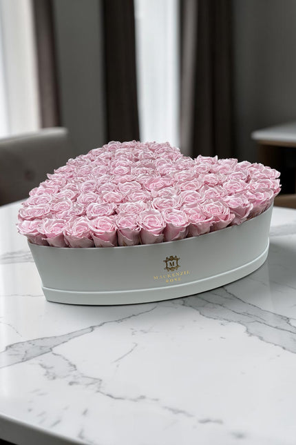 72-75 Preserved Satin Pink Roses in Large Pu Leather `White HeartBox