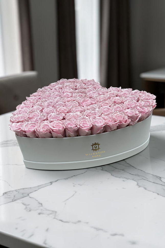 72-75 Preserved Satin Pink Roses in Large Pu Leather `White HeartBox