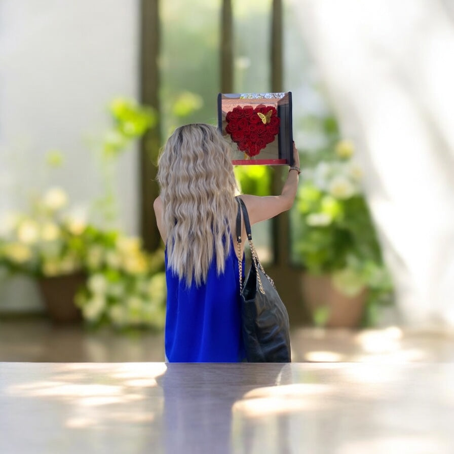 Preserved Roses in 13.5'' Luxury Acrylic Mirrored Heart Box