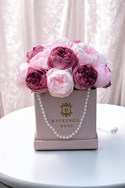 10- 11 Peonies in light pink velvet medium square box