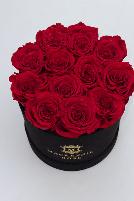 12 Preserved Roses in Medium Black Round Velvet Box