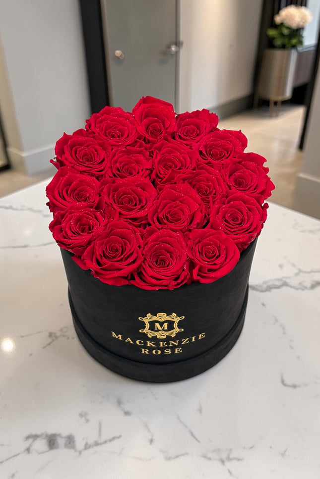 17 Preserved Roses in Large Black Round Velvet Box