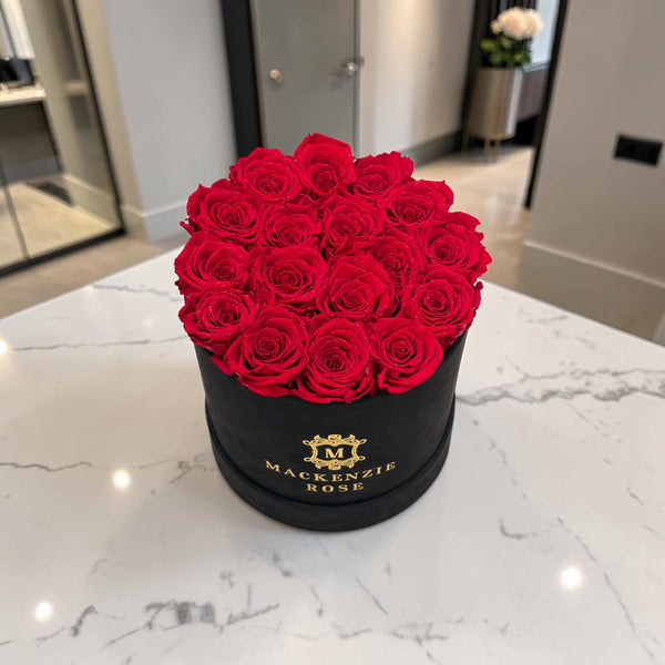 17 Preserved Roses in Large Black Round Velvet Box