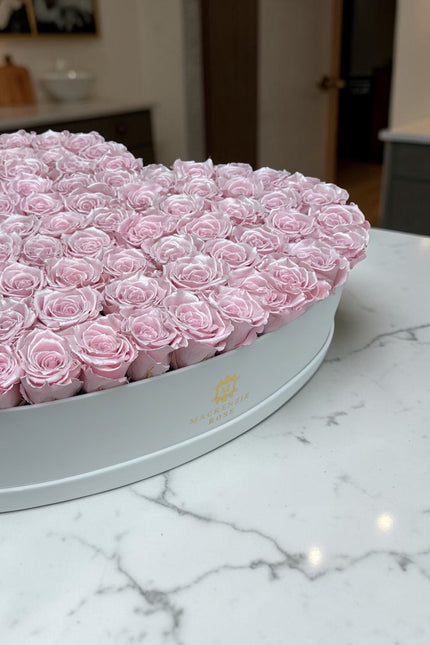 72-75 Preserved Satin Pink Roses in Large Pu Leather `White HeartBox