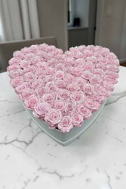 72-75 Preserved Satin Pink Roses in Large Pu Leather `White HeartBox