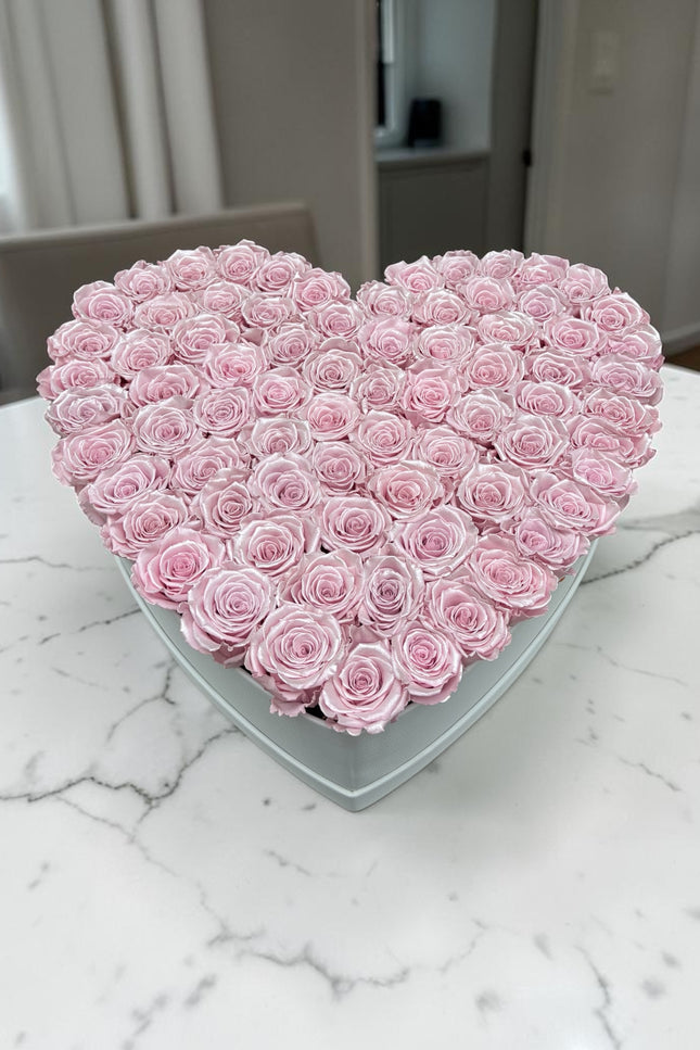 72-75 Preserved Satin Pink Roses in Large Pu Leather `White HeartBox
