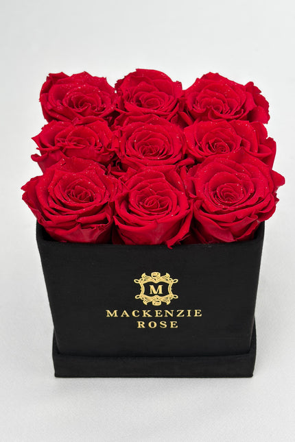 9 Long Lasting Preserved Roses in Medium Square Black Velvet Box