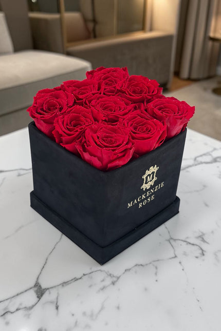 9 Long Lasting Preserved Roses in Medium Square Black Velvet Box