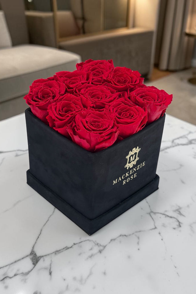 9 Long Lasting Preserved Roses in Medium Square Black Velvet Box