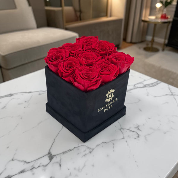 9 Long Lasting Preserved Roses in Medium Square Black Velvet Box