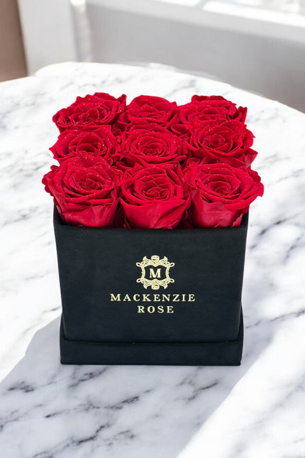 9 Long Lasting Preserved Roses in Medium Square Black Velvet Box