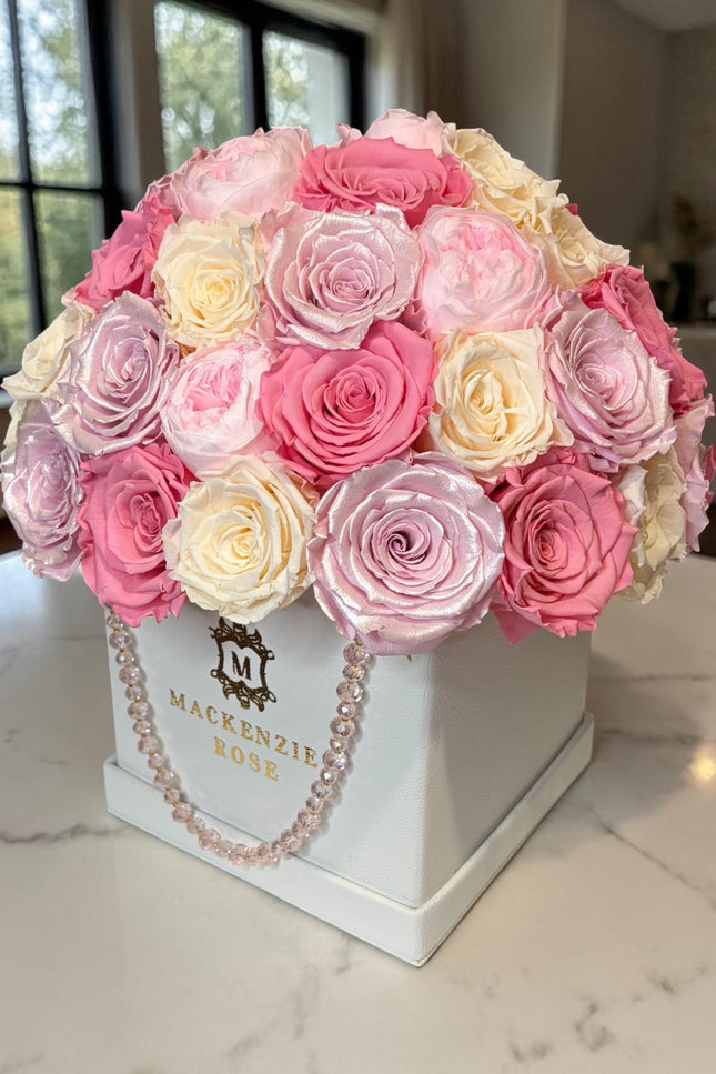47- 50 Preserved  Satin Roses, Peonies, Roses in PU leather White Large Box