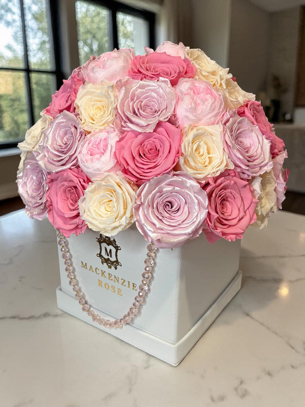 47- 50 Preserved  Satin Roses, Peonies, Roses in PU leather White Large Box