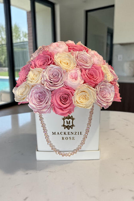 47- 50 Preserved  Satin Roses, Peonies, Roses in PU leather White Large Box