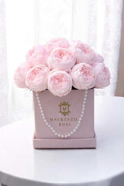 10- 11 Peonies in light pink velvet medium square box
