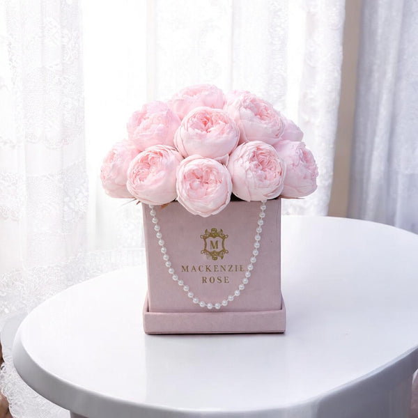 10- 11 Peonies in light pink velvet medium square box