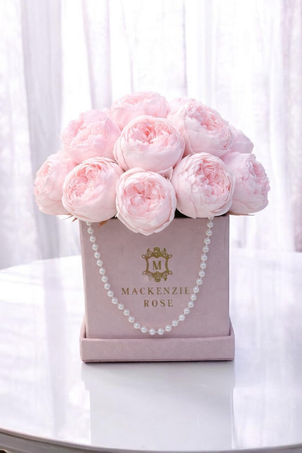 10- 11 Peonies in light pink velvet medium square box