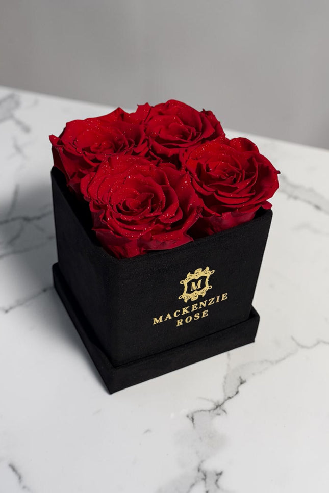 4  Preserved Roses in Small Square Velvet Box